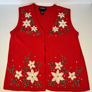 Vintage 90s Red Christmas Sweater Vest Poinsettia Applique Beaded Sequin Holiday